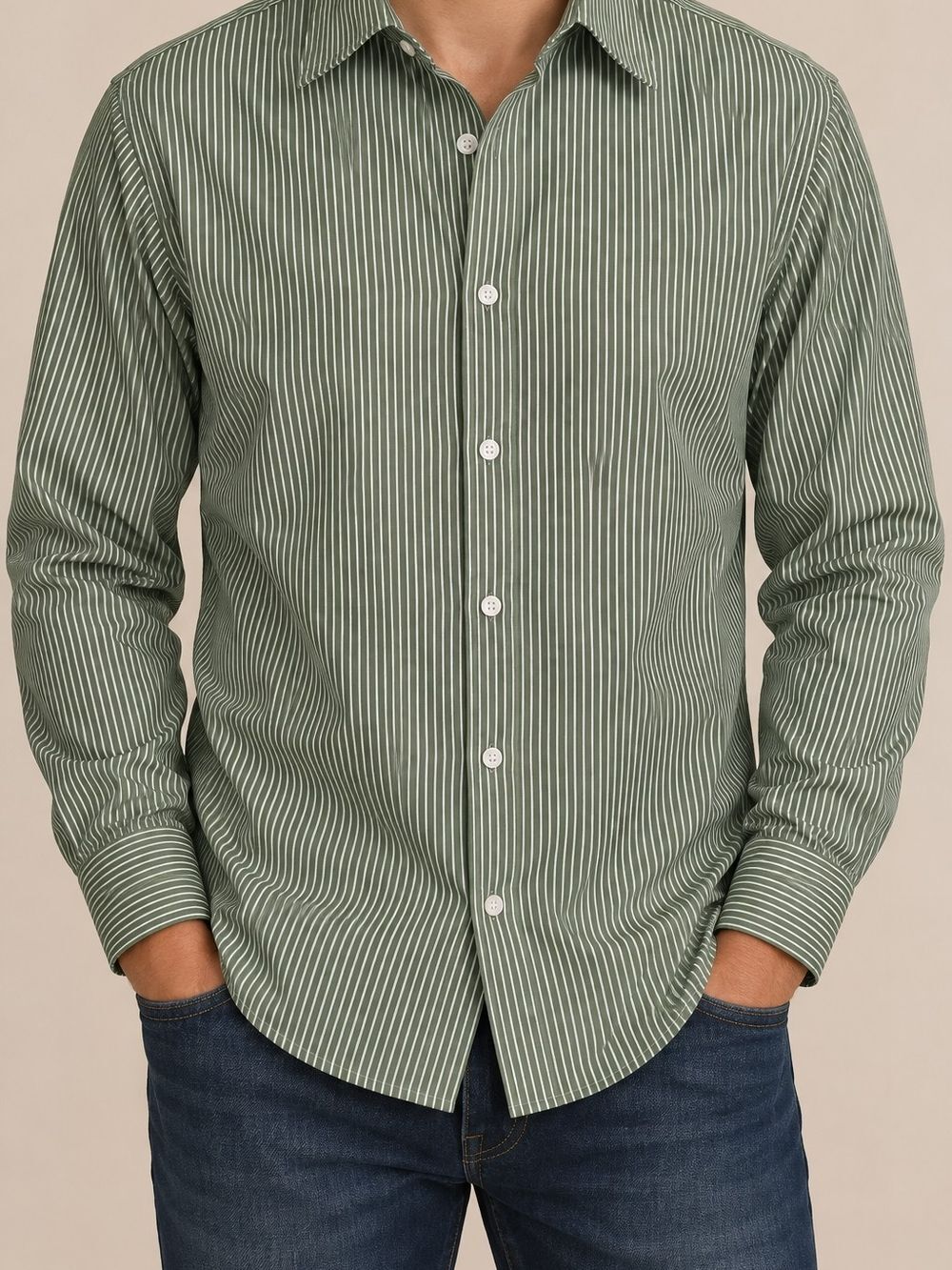 Banana Republic Mens M Green Striped 100% Cotton Non-Iron Button Up Shirt preppy